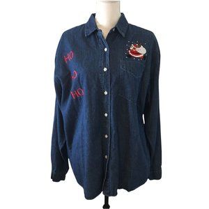 VINTAGE Backroad Blues Shirt Blue Jean Christmas Embroidered Button Up Festive